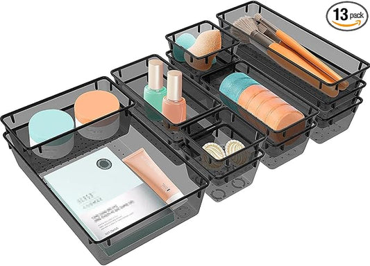 StorMiracle 13 PCS Clear Plastic Drawer Organizers Set, 4 Size Desk Drawer Organizer Trays for Makeup, Jewelry, Kitchen Utensils, Gadgets and Office Accessories, Black