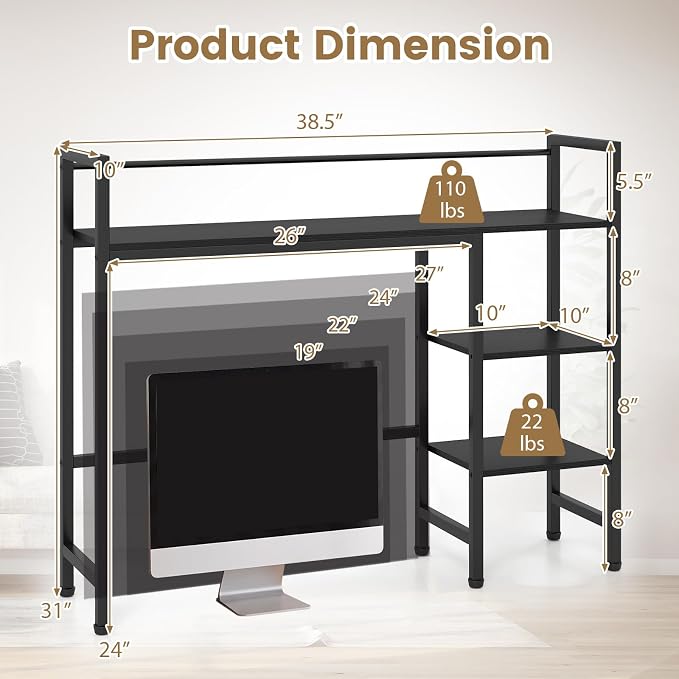 Tangkula 4-Tier Desktop Bookshelf, 38.5" Dorm Desk Hutch, Black | Tabletop Hutch for Computer Monitor, 4 Open Storage Shelves, Anti-tip Device, Desktop Display Shelves for Home Office