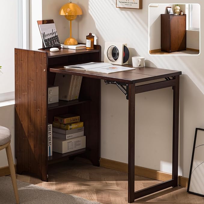Bamboo Folding Desk for Small Spaces with Storage, Foldable Mid Century Modern Drop Leaf Desk, Vintage Fold Out Hideaway Small Desks for Bedroom or Home Office, Brown