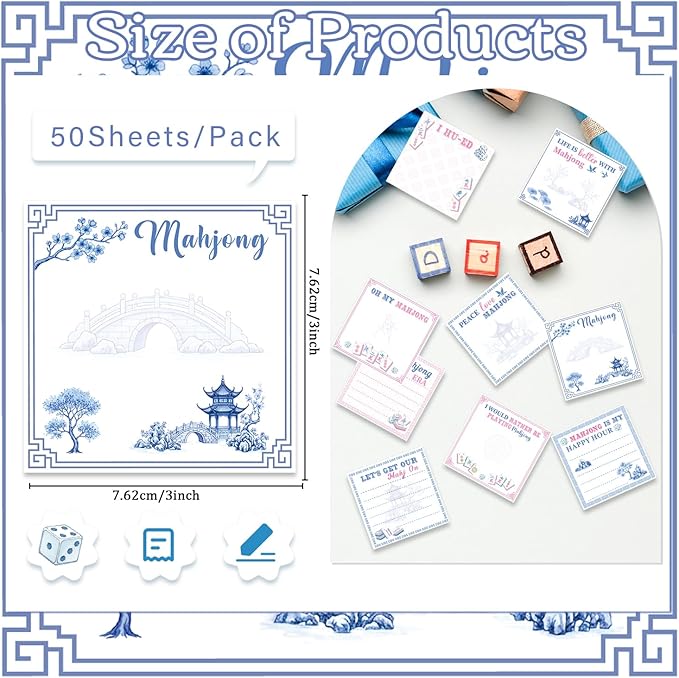 Mahjong Sticky Notes Gifts - 9 Pack Mah Jong Notepads 3x3 Inch Gifts for Mahjong Lovers, Mah Jong Blue and White Porcelain Memo Pads Office School Supplies for Friends Coworkers (450 Sheets)