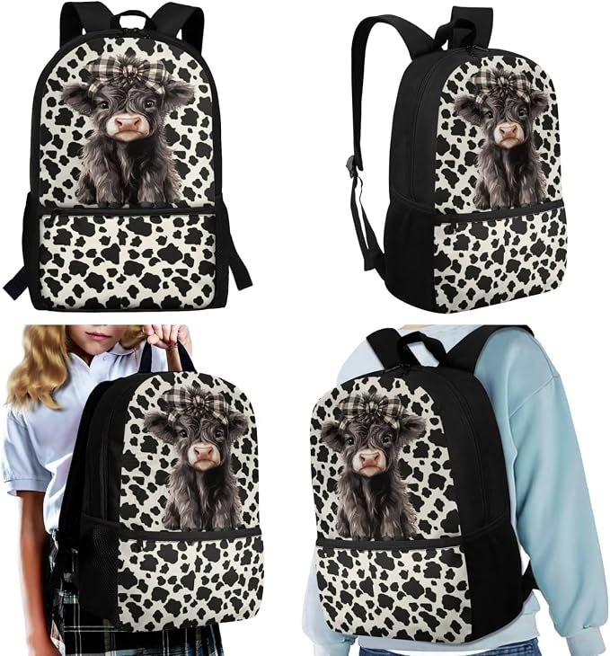 WELLFLYHOM Kids Highland Cow Book Bags for Girls 6 Years Old, 4 Pcs Set | Girls 7-8 Cow Print School Backpack Elementary Dayback Insulated Lunch Box Pencil Case Water Bottle Holder