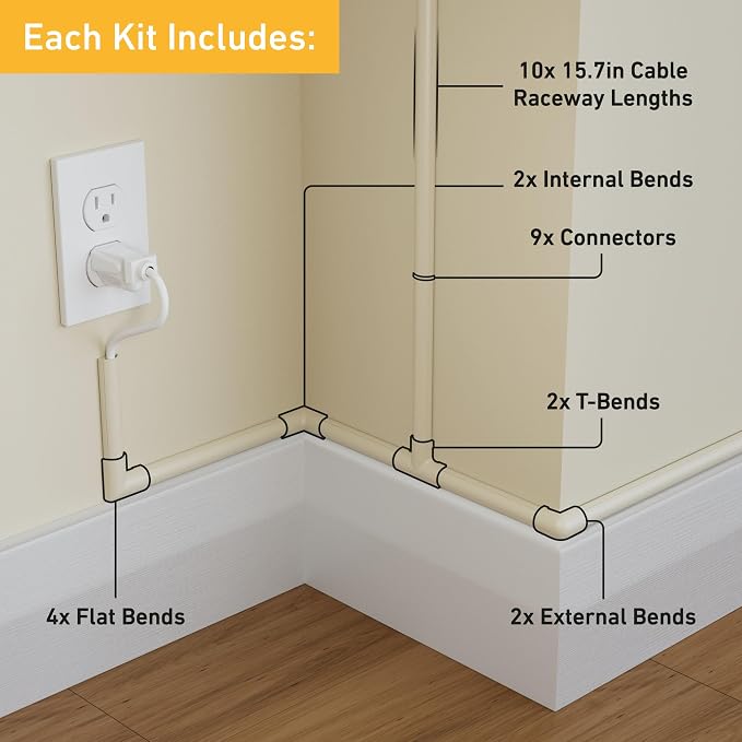 D-Line 157in Cord Cover Kit, Self-Adhesive Wire Hiders, Paintable Cable Raceway to Hide Wires on Wall, Electrical Cable Management - 10x 15.7 Lengths & 19 Accessories - 1.18" (W) x 0.59" (H) - Beige