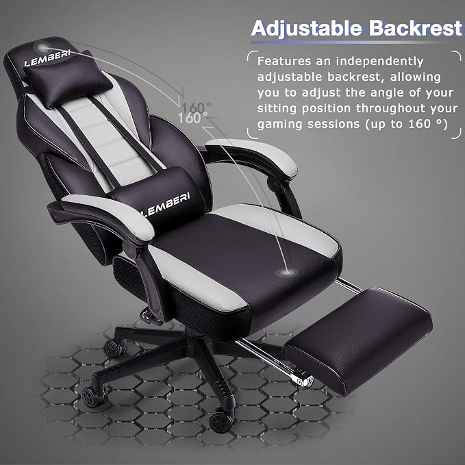 LEMBERI Big and Tall Gaming Chair 400lb Capacity, Heavy-Duty Office Chair with Reinforced Footrest, Wide Seat High Back PC Desk Chair with Linkage Armrests, Thickened Steel Frame, PU Leather, White