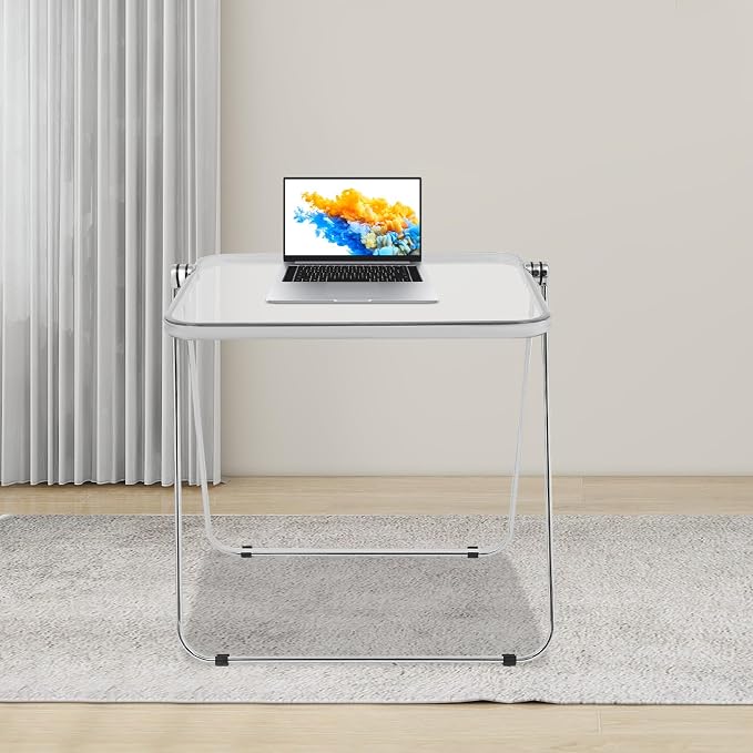 Acrylic Folding Table, 25 * 20 * 27in Compact Writing Desk with Sturdy Metal Frame, Side Table for Small Spaces, Home Office, Small Computer, Snack Dinner on Couch (Silver and Clear)