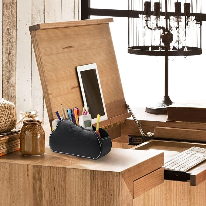 DreamsEden PU Leather Desk Organizer, Remote Control Holder Pen Pencil Cup Box Decorative Tabletop Storage Caddy for Home Office Accessories, 5 Slots