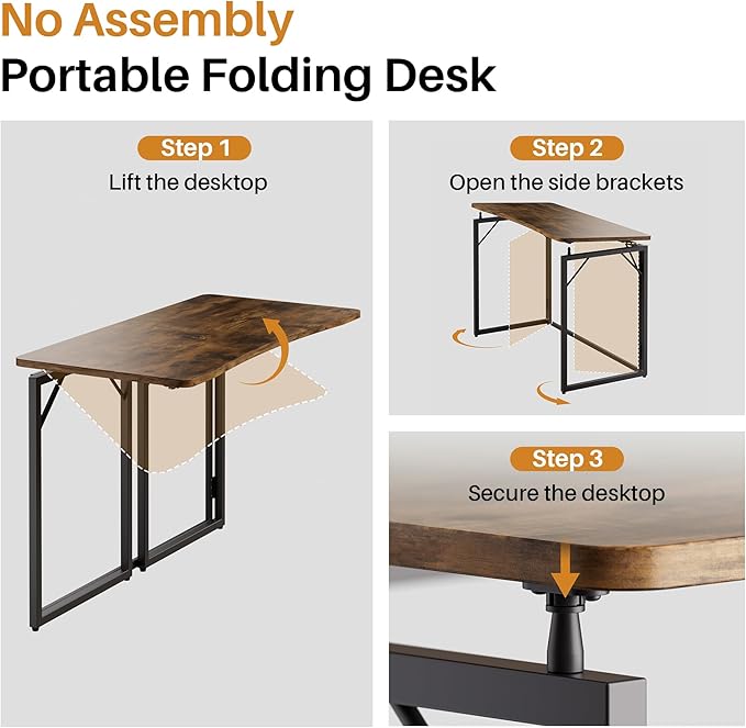 JOYMOOP Folding Desk Rustic Brown - 31.5", No Assembly Small Foldable Desk for Home, Office, Wooden Top Folding Computer Desk for Working, Writing, Studying