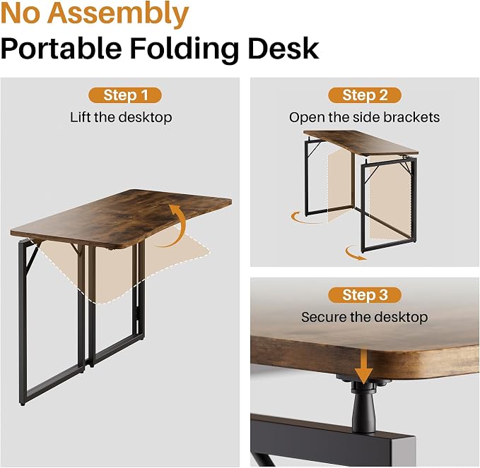 JOYMOOP Folding Desk Rustic Brown - 47.2", No Assembly Foldable Desk for Home, Office - Large Size, Wooden Top Folding Computer Desk for Working, Writing, Studying