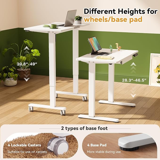 Gibbon Mounts 35” Rolling Standing Desk with Drawer & Wheels, White | 18mm One-piece Electric Height Adjustable Desk with Cable Clip on Lockable Wheels, Small Mobile Rising Laptop Workstation