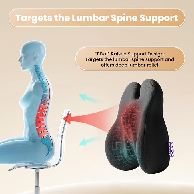 ZZ-WELL Lumbar Support Pillow for Office Chair - Ergonomic Back Support Cushion for Mid Lower Back Pain Relief, Posture Improved - Adjustable Straps, Breathable & Removable Cover (Black)