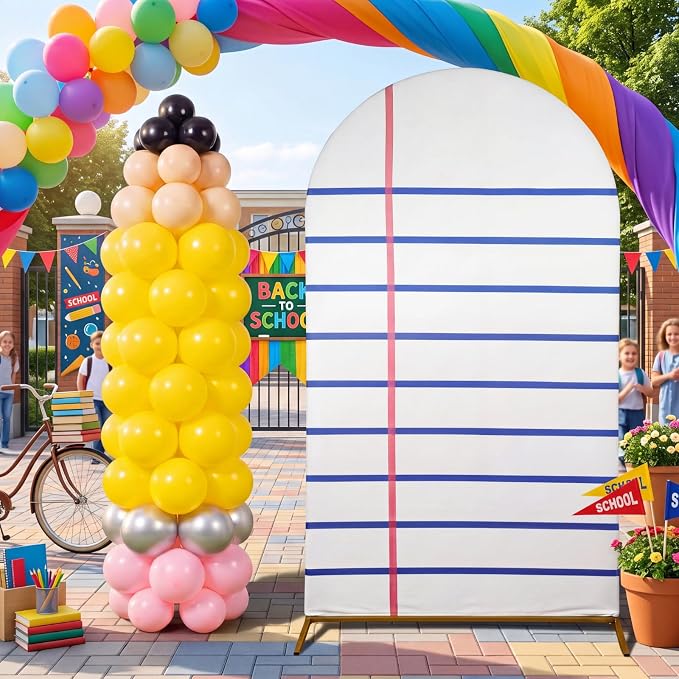 SmoothNovelty 193 Pcs Back to School Arch Backdrop Cover, 7.2 ft Notebook Arch Cover and Pencil Balloons Stand Kit Welcome Back Background Party Supplies Decor for First Day of School Kindergarten