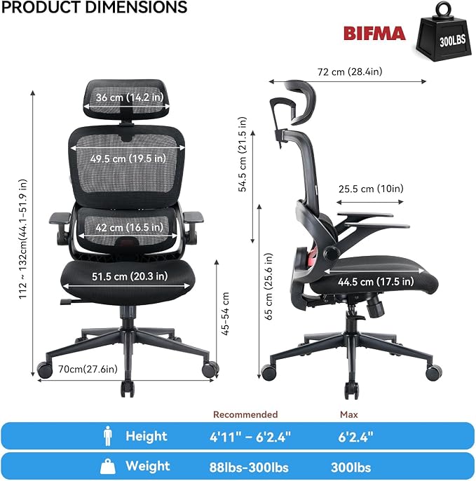 SIHOO B100 SE Office Chair, Desk Chair with Adaptive Lumbar Support & 2D Flip-up Armrests, 135° tilt Soft Memory Foam Erogonomic Chair for Home Office,Hold 300 LBS-Jet Black