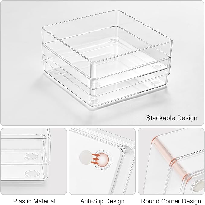 SMARTAKE 6 PCS Clear Plastic Kitchen Large Size Drawer Organizers Set | Non-Slip Desk Drawer Organizer, 2-Size Bathroom Vanity Drawer Organizer Trays for Makeup, Bedroom, Office, Kitchen Utensils