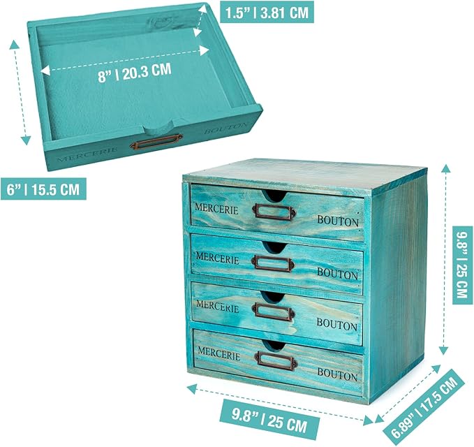 Turquoise 4-Tier Drawer Unit - Teal European Country Style Desk Organizer Box - 9.7x7x10 Wooden Stackable Drawers - Countertop Organizer Drawers w/Label Holder - 4-Level File Drawer Unit