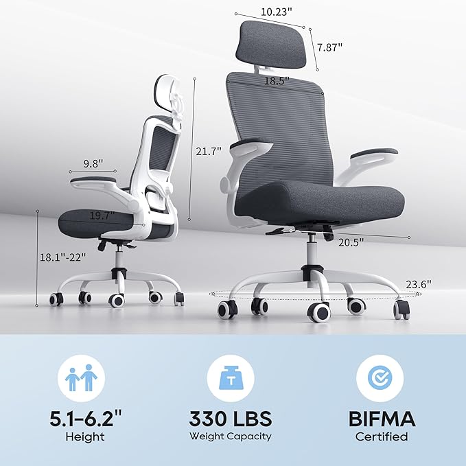 Ergonomic Office Chair, High Back Mesh Desk Chair with Adjustable Lumbar Support & Headrest, Flip-up Armrest, Computer Task Chairs for Home and Executive Office (W-Dgrey)