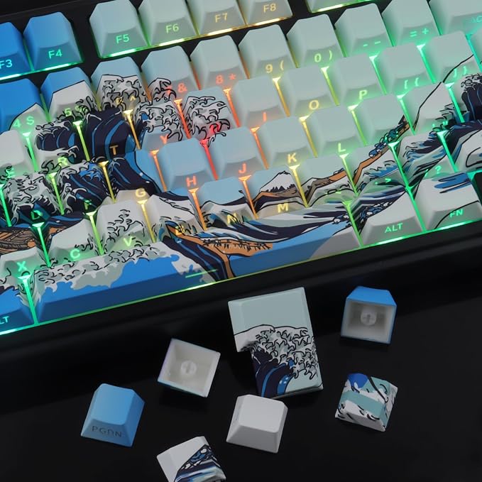 PBT Keycaps 75 Percent,Custom Cool Wave of Kanagawa Light/Sky Blue Keycaps | Tsungup Side Print 131 Keys Dye Sub Shine Through Cherry Profile Keyboard Key Caps for Mechanical Keyboard