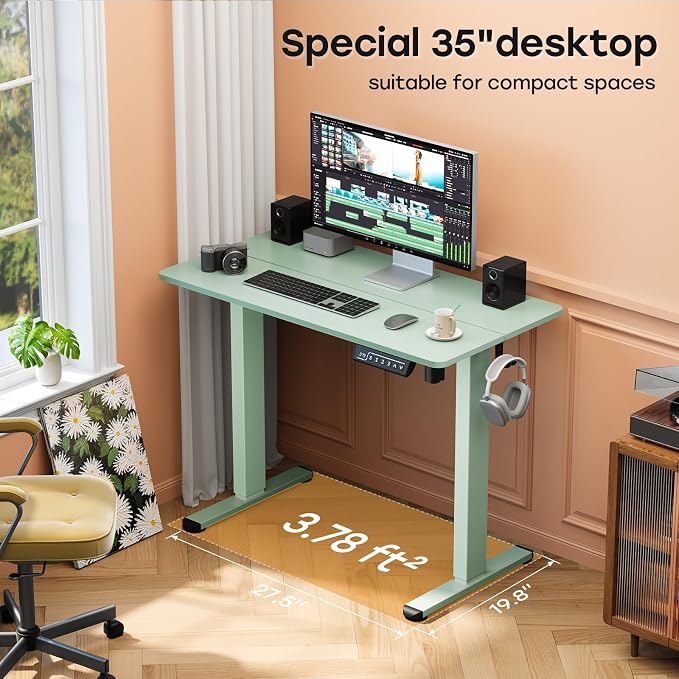 Small Electric Standing Desk, 35" ×20" Standing Table, Height Adjustable Compact Sit Stand Workstation with Splice Board, Home Office Desk with 2 Hooks, Sage Green