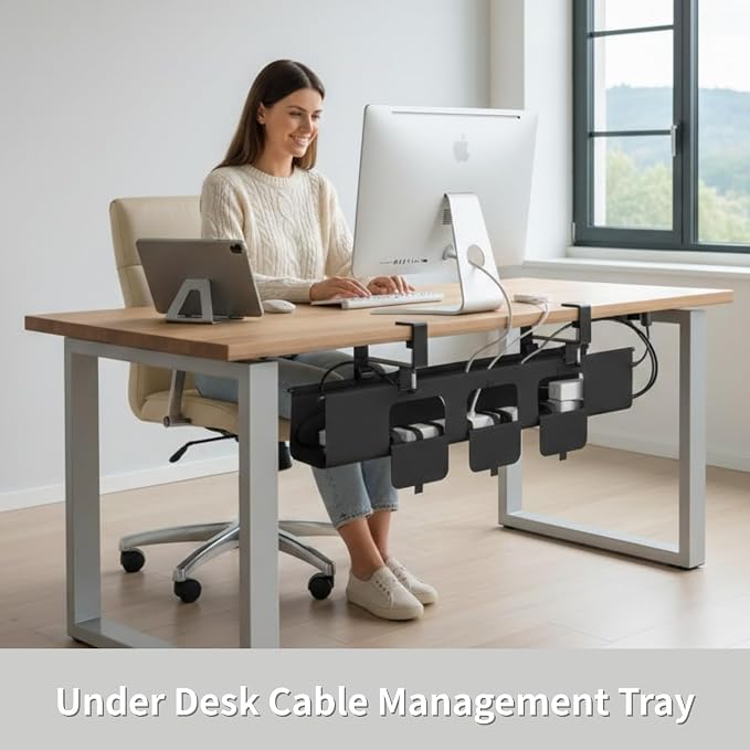 Under Desk Cable Management Tray, 36” Fabric No Drill Clamp Mount | Cord Organizer for Desk, Heavy Duty Wire Management for Office Home, Black