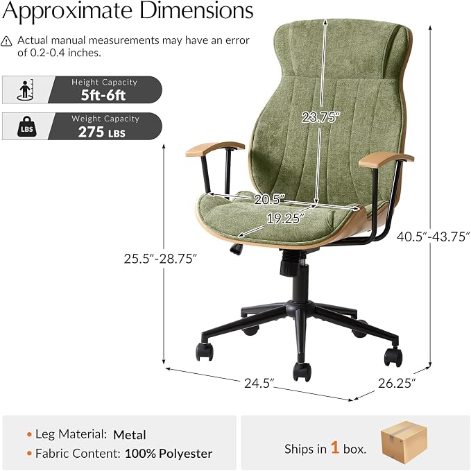 HULALA HOME Solid Wood Office Chair with High Backrest, Green | Mid Century Modern Bentwood Desk Chair with Tilt Function, Swivel Fabric Computer Task Chair, Height Adjustable, Metal Base