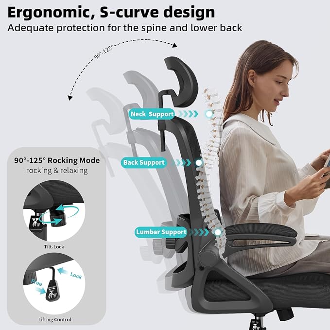 Ergonomic Office Chair Desk Chair with Adjustable Lumbar Support | Mesh Computer Chair Home Office Desk Chair with Flip-up Armrests Executive Task Chair Comfy Mesh Gaming Chair (Black-Black)