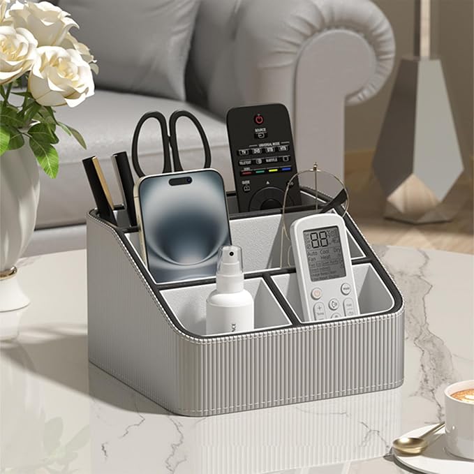 Buqoo Grey PU Leather Desk Organizer with Gold Accents | 4-Compartment Remote Holder & Stationery Caddy for Office/Nightstand (6.89in×6.69in×3.94in)