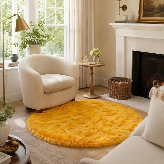 EasyJoy Faux Sheepskin Rug, Fluffy Faux Fur Rug, Ultra Soft Shag Area Rug with Non-Slip Backing for Bedroom, Living Room, Nursery, Kids Room(4 x 4 ft Round, Golden Yellow)