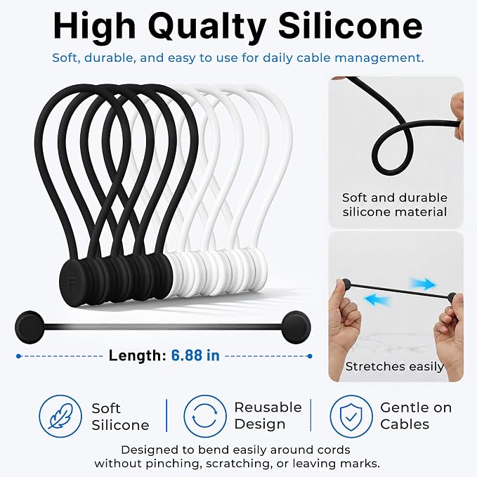 COOLMI Magnetic Cable Ties 8 Pack, 6.88 Inch Reusable Silicone Cord Organizer Wraps, Strong Magnet Cable Management Straps for Charging Cords, USB Cables, Earbuds, Desk, Travel, Black and White