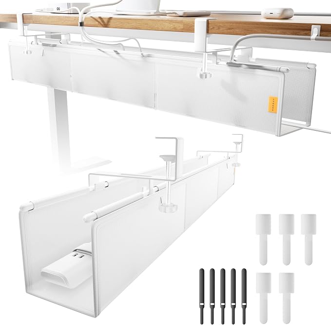 39" No Drill Under Desk Cable Management Tray (White) | Fire-Resistant Thickened Nylon Material, Clip-on Cord Organizer to Hide Power Strip, Heat Dissipation Mesh Design, for Office