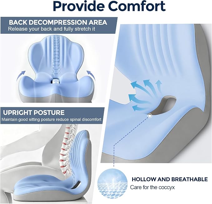 Seat Cushion for Office Chair Car, L-Shaped Ergonomic Seat Cushions,Memory Foam Orthopedic Cushion with Coccyx Hollow,Lumbar Support & Tailbone Pain Relief for Car, Truck, Home,Blue & Gray