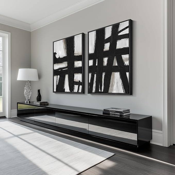 Large Framed Black and White Abstract Wall Art for Living Room, 2 Piece Modern Canvas Prints Wall Paintings Artwork for Walls, Minimalist Black Lines Pictures for Hallway Office Wall Decor 24x36 In