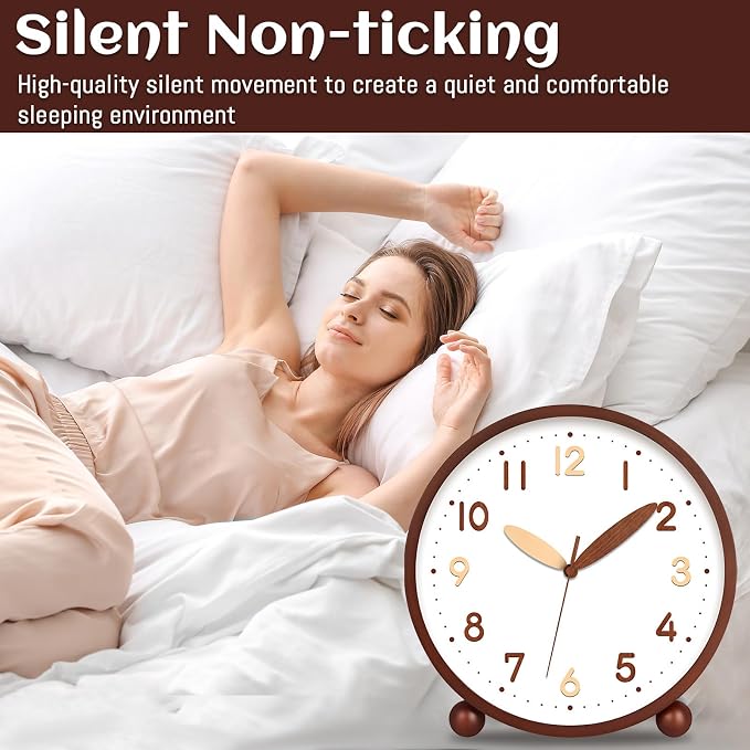 Maxspace Wooden Table Clock,8in Silent Non-Ticking Desk Clock,Battery Operated Desktop Analog Clock for Living Room Bedroom Kitchen Office Classroom Decor (Walnut - Double Wood Font)