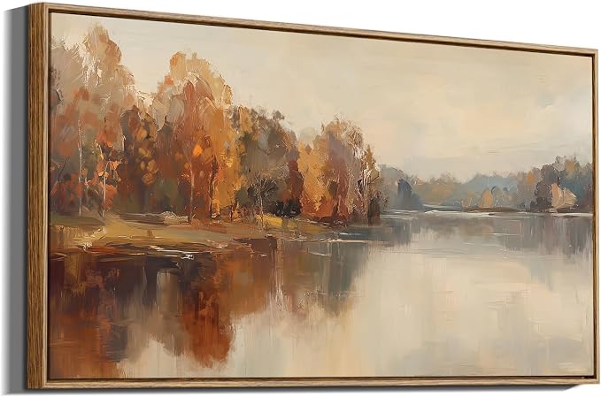 InSimSea Extra Large Framed Vintage Fall Wall Art, Living Room Country Farmhouse Decor, Autumn Lake Landscape Canvas Prints, Retro Scenery Long Pictures for Bedroom Above of Bed, 20x40inch