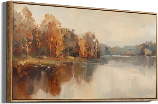 InSimSea Extra Large Framed Vintage Fall Wall Art, Living Room Country Farmhouse Decor, Autumn Lake Landscape Canvas Prints, Retro Scenery Long Pictures for Bedroom Above of Bed, 20x40inch
