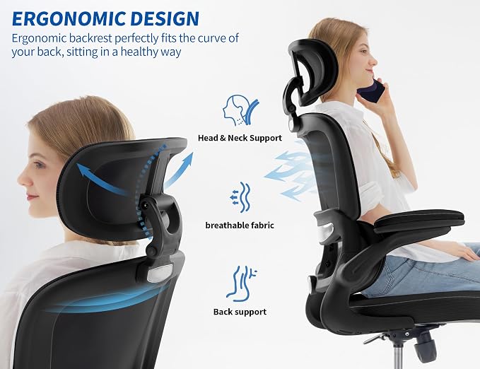 TRALT Ergonomic Office Chair - Desk Chair with Adjustable Headrest Lumbar Support Computer Chair - Mesh Comfy Chair with Flip-up Armrests - Gaming Chair for Adults Home Office PU, Black, Pack of 2