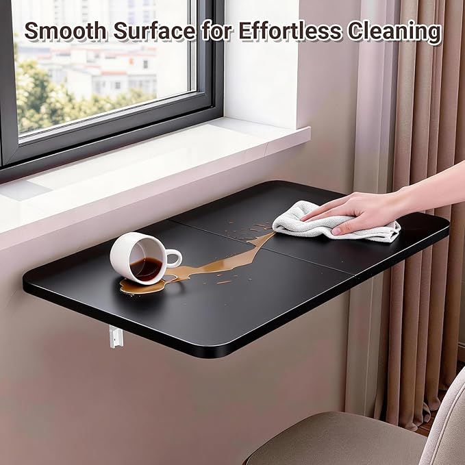 Wall Mounted Folding Desk 23.6” x 15.7”, Drop Down Table with Metal Collapsible Brackets, Folding Wall Table for Small Spaces, Home, Office, Kitchen, Laundry Room-Black