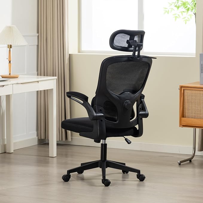 Ergonomic Office Chair with Flip-up Arms, Black | Home Desk Chair w/ Coat Hook, Adjustable Headrest and Lumber Support, Mesh Computer Gaming Chair, 330 LBS