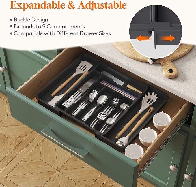 Lifewit Utensil Organizer for Kitchen Drawer, Expandable Cooking Silverware Tray, Adjustable Cutlery Flatware Holder, Plastic Spatula Tools Storage Divider, 11.8-19.6 x 15", Black