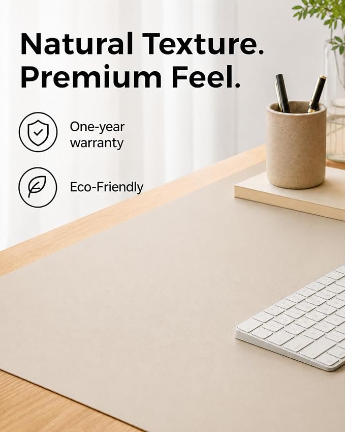 Aothia Dual-Sided Desk Mat, FSC Cork & PU Leather Desk Pad, Large Mouse Pad & Writing Surface for Compact Workspace, Non-Slip Waterproof Desk Protector - 25.6" x 13.7", Cream