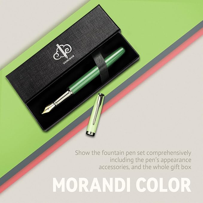 YUNCHUN Fountain Pens Set for Writing, Fancy Medium Nib Ink Pens of Morandi Color with 5 Black and 5 Blue Refills Cartridges, Best Pen Gift Set for Men & Women, Office Professional Pen for Work, Green