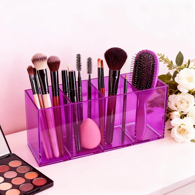 Pen Holder for Desk Neon Acrylic Pencil Holder Cup Makeup Brush Storage Organizer for Vanity, Purple