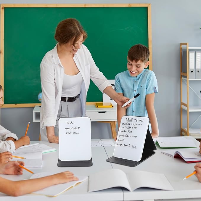 4 Pcs Small Glass Desktop Whiteboard with Reversible Stand 8‘' x 6‘' Tabletop Mini Dry Erase Whiteboard Easel with 4 Markers Reusable Desk Notepad for Home Office School(Black)