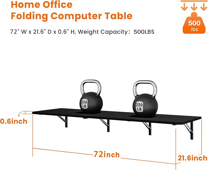 IAE Wall Mounted Floating Foldable Desk 72" x 22" Folding Computer Workstation Table with Engineered Wood and Metal Shelf Brackets,Fold&Floating Design for Home Office, Apartment,Laundry Room,Black