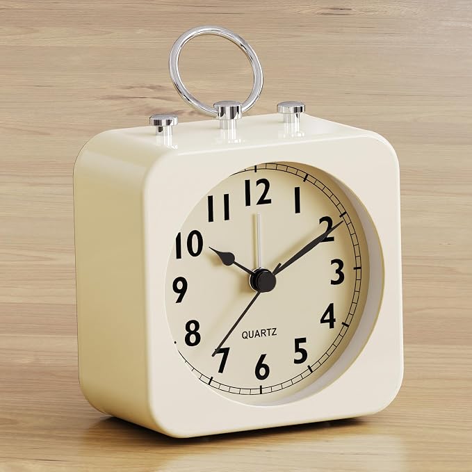 AYRELY® Small Metal Alarm Clock, Desk and Table Clock for Travel | Battery Operated Retro Silent Clock with Light for Bedroom, Bedside, Shelf and Living Room Decor (White)
