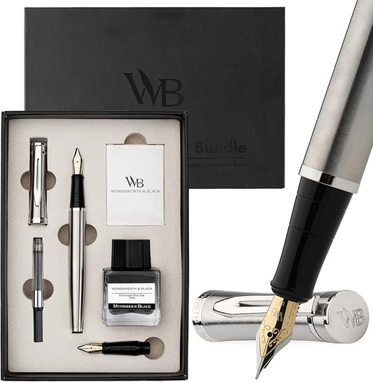 Wordsworth & Black Fountain Pen Set,18K Gilded Medium and Extra Fine Nib,25ML Black Ink Bottle,6 Ink Cartridges,Refill Converter,Gift Box,Smooth Writing Pen [Silver Chrome],Gift Set for Men and Women