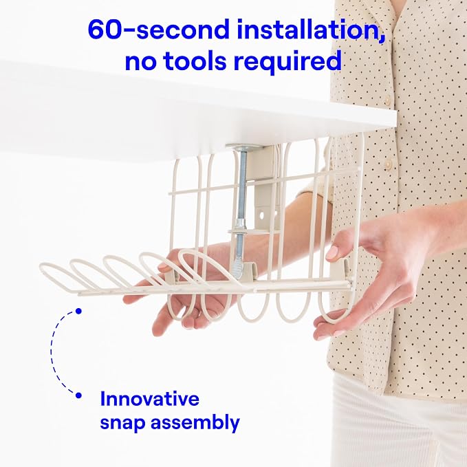 CarryUp Under Desk Cable Tray for Dorm Room - Cream | No Drill Wire Management Clamp, Computer Cord Organizer, Cable Hider & Holder, Cord Office Organization, Dorm Essentials