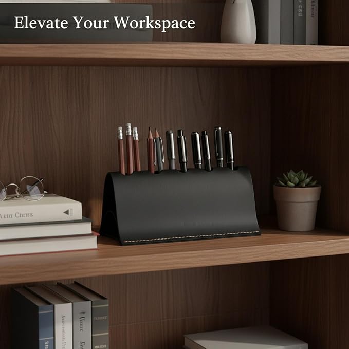 Sleek Rectangular PU Leather Pen Caddy, Minimalist Desktop Organizer for Office Desk Supplies