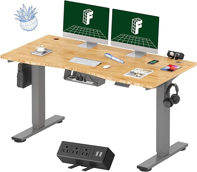 FLEXISPOT EN2 Whole-Piece Bamboo Standing Desk with Clamp Power Strip, 55 x 28 Electric Stand Up Height Adjustable Desk with Cable Management (Grey Frame + 55" Bamboo Top, 2 Packages)