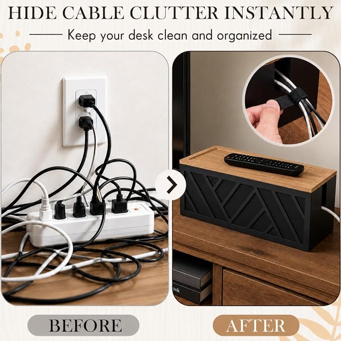 Decorative Cable Management Box, Large Wooden Cord Hider Box for Desk Floor Office, Cord Organizer to Hide Power Strips, Extension Cords, Chargers and Wires, Black