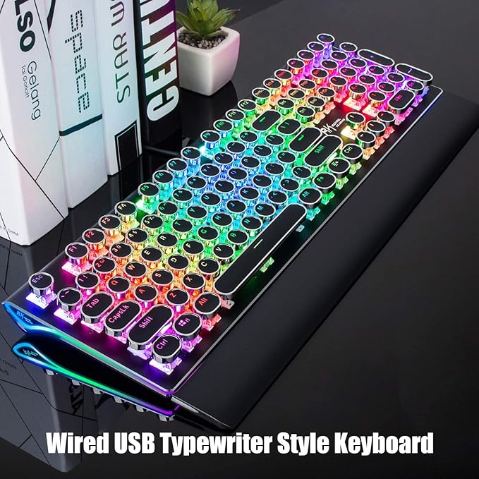 RK ROYAL KLUDGE S108 Typewriter Style Mechanical Gaming Keyboard with RGB Backlit, Wired PC Game Keyboard Full Size with Detachable Wrist Rest and Number Pad, Retro Round Keycaps, Red Switches Black