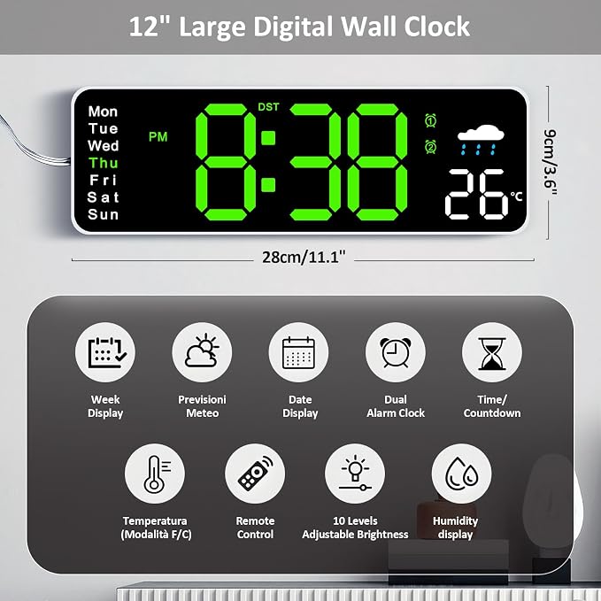 Digital Wall Clock, 12" Digital Clock with Temperature, Humidity, Weatherforecast, Day of the Week, Timer, Auto-dimming, for Living Room/Classroom/Gym/Church/Shop/Garage,Green