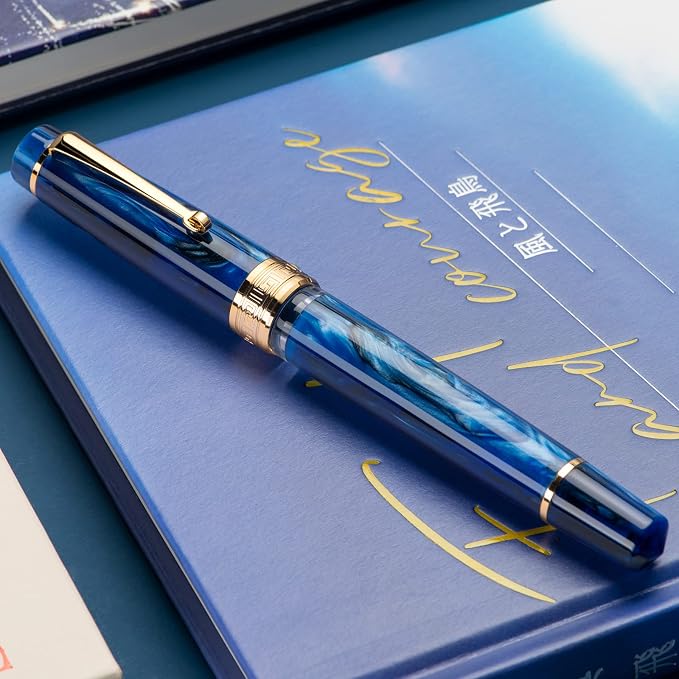 Asvine P20 Piston Fountain Pen, Stub Nib 1.1mm Calligraphy Art Drawing Galaxy Blue Acrylic with Case Set